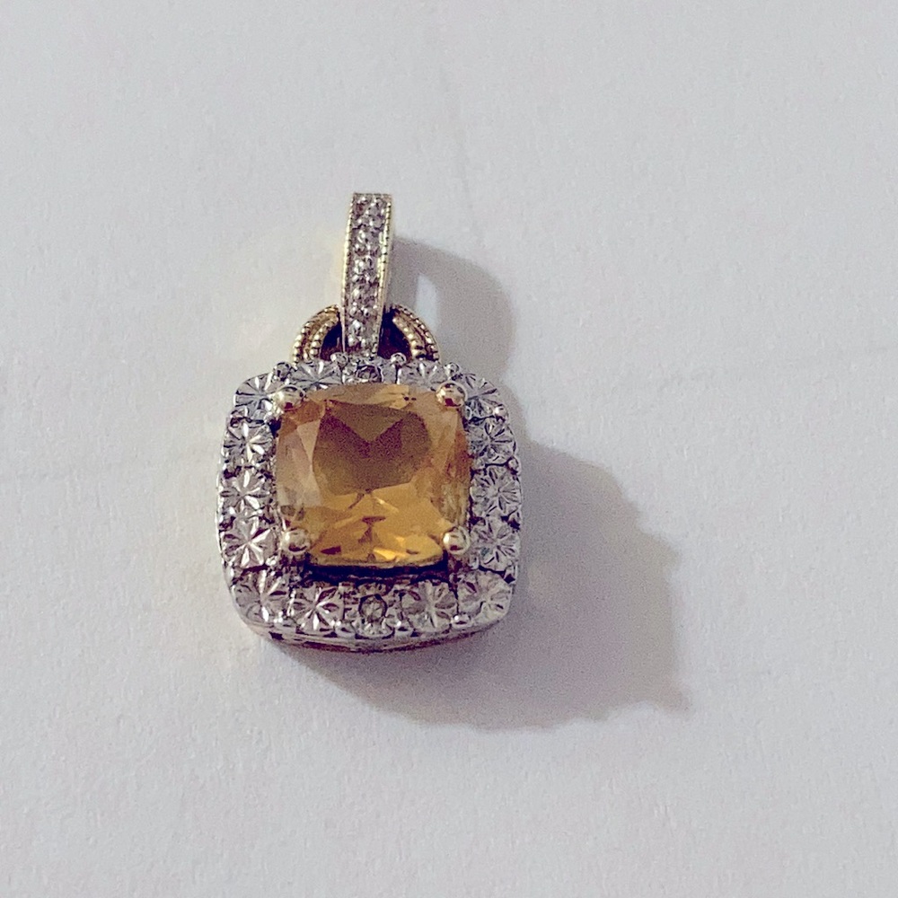 Yellow topaz silver halo cushion cut pendant